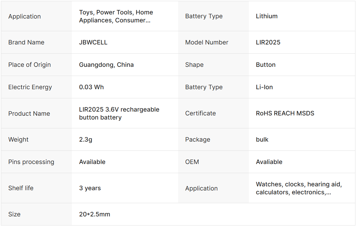 JBWCELL LIR2025 Li-ion 3.6V Button Battery for Car Remote Control Toys ML2020/VL2020 Replacement 90 Degree Feet
