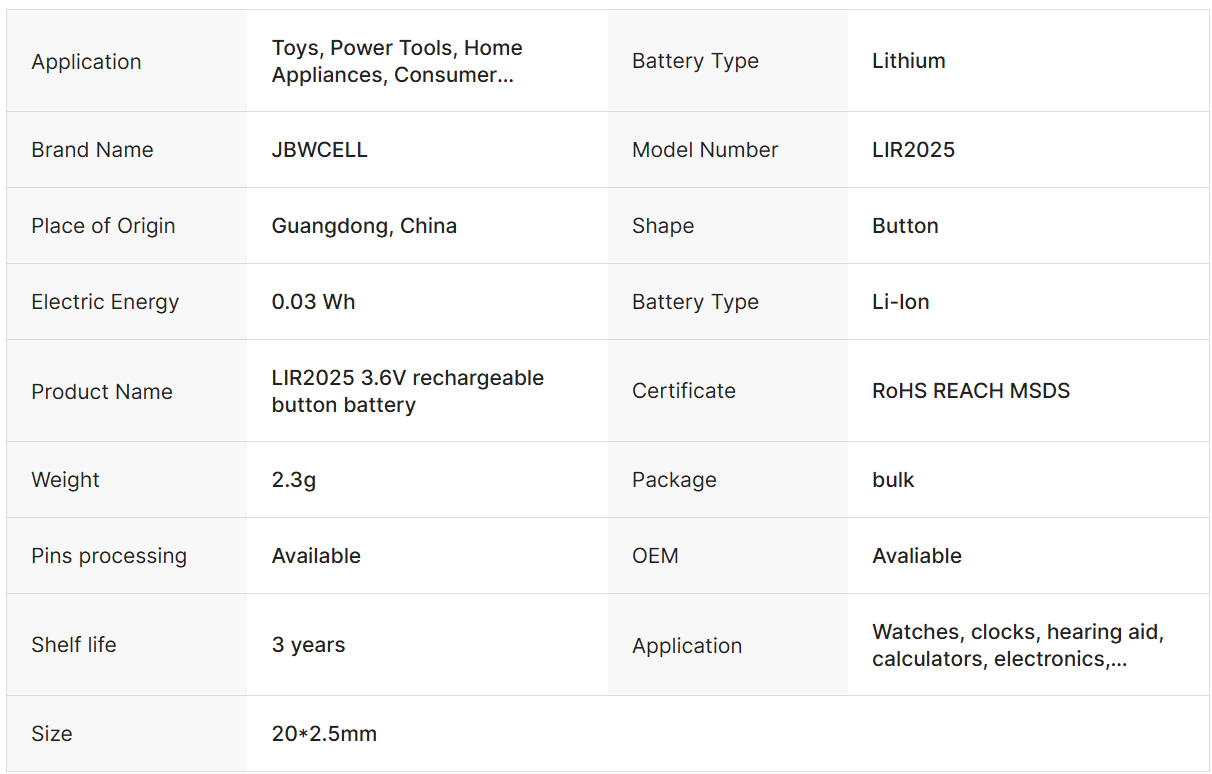 LIR2025 3.6V Rechargeable LI-Ion Button Battery Car Remote Control Key Battery Replacement 90 Degree Feet for ML2020 VL2020 to
