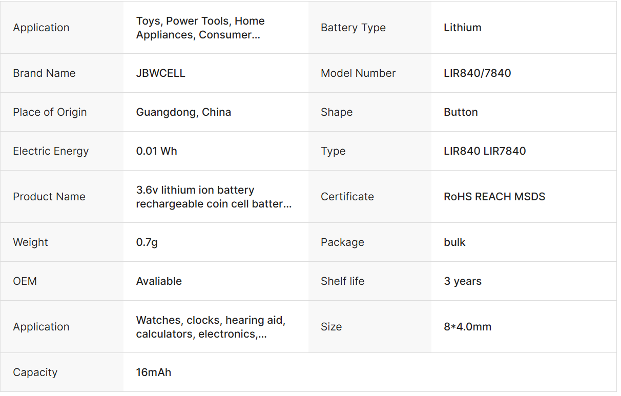 LIR840 LIR7840 Rechargeable Lithium Primary Batteries for Home Appliances Consumer Electronics Power Tools Headset Applications

