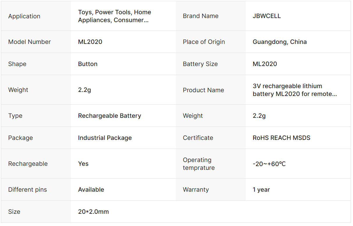 ML2020 3V 45mAh Rechargeable Lithium Button Cell Battery
