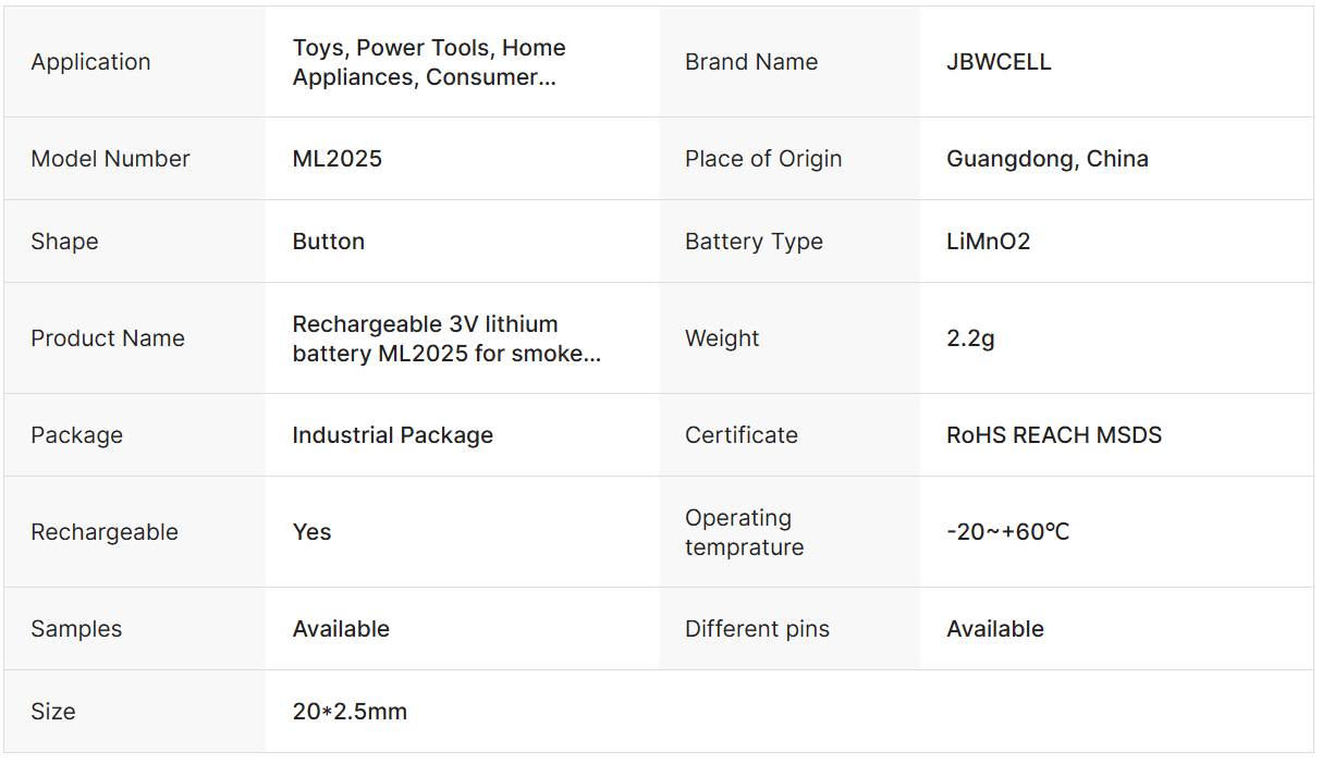 ML2025 3V Rechargeable Lithium Watch Battery for Smoke Alarm