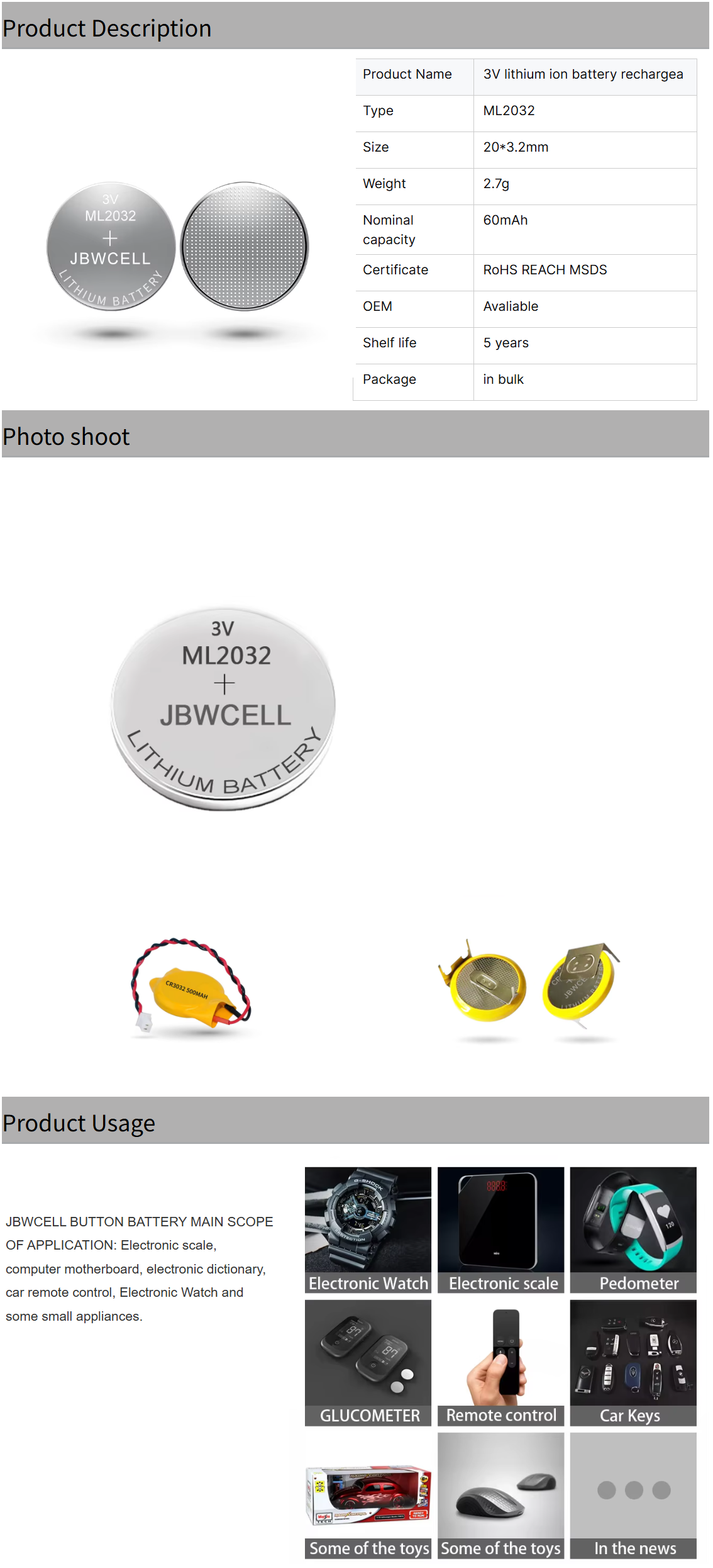 ML2032 3V Rechargeable Lithium Coin Cell Battery for Home Appliances Toys Consumer Electronics and Power Tools