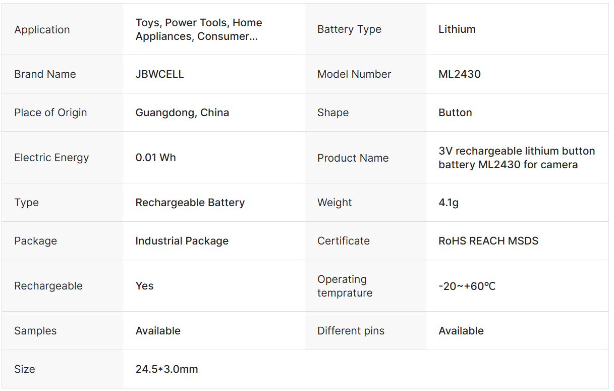 ML2430 3V Rechargeable Lithium Button Cell Battery for Home Appliances Toys Consumer Electronics and Power Tools-HS1 Model

