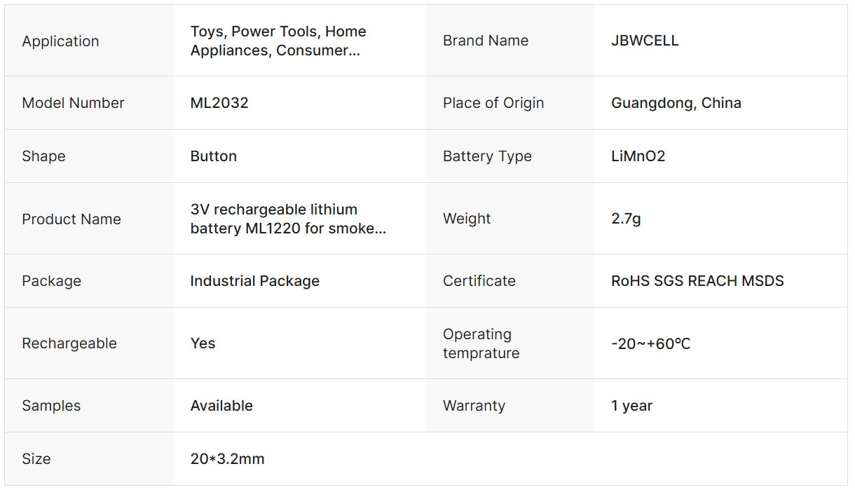 ML2032 3V Li-ion Button Cell Rechargeable Lithium Coin Cell Battery
