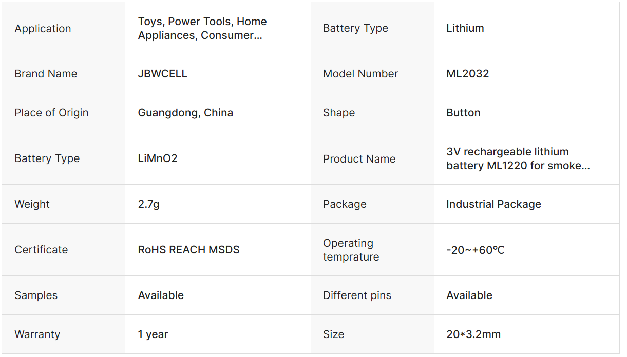 3v Rechargeable Lithium Battery ML2032 Battery
