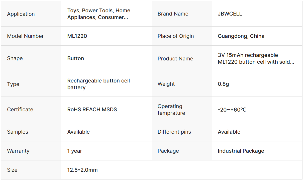 3V 15mAh Rechargeable ML1220 Button Cell with Solder Tags Pins
