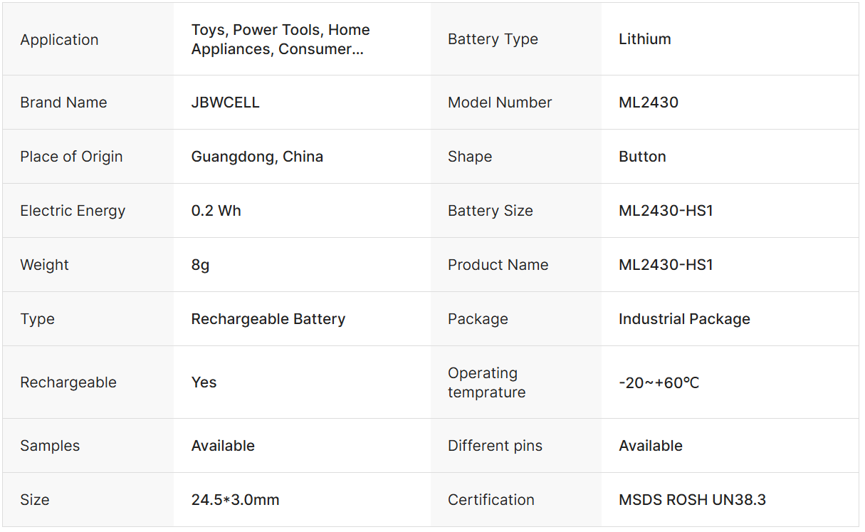 JBWCELL ML2430-HS1 3V Lithium Rechargeable Button Cell Solder Tabs for Home Appliances Consumer Electronics MSDS ROSH UN38.3