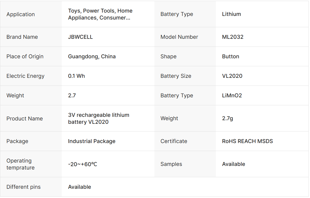 3V Rechargeable Lithium ML2020 Battery for Car Remote Control Key and Toys 90 Degree 180 Degree Feet LIMNO2 Type
