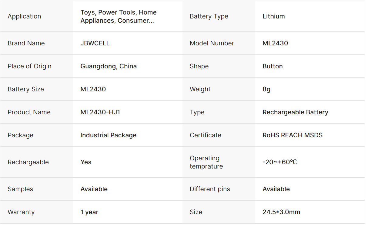 ML2430 ML2430-HJ1 3V Rechargeable Battery ML2430-TT1 Button Cell Battery with Solder Tabs
