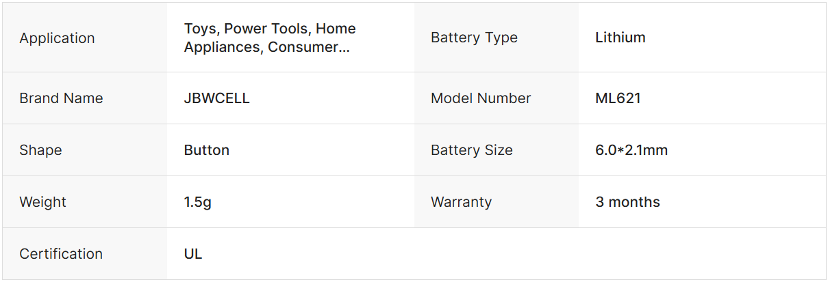 JBWCELL ML-621S/DN MS621FE Rechargeable 3V Lithium Button Cell Battery for for Toys Consumer Electronics Home