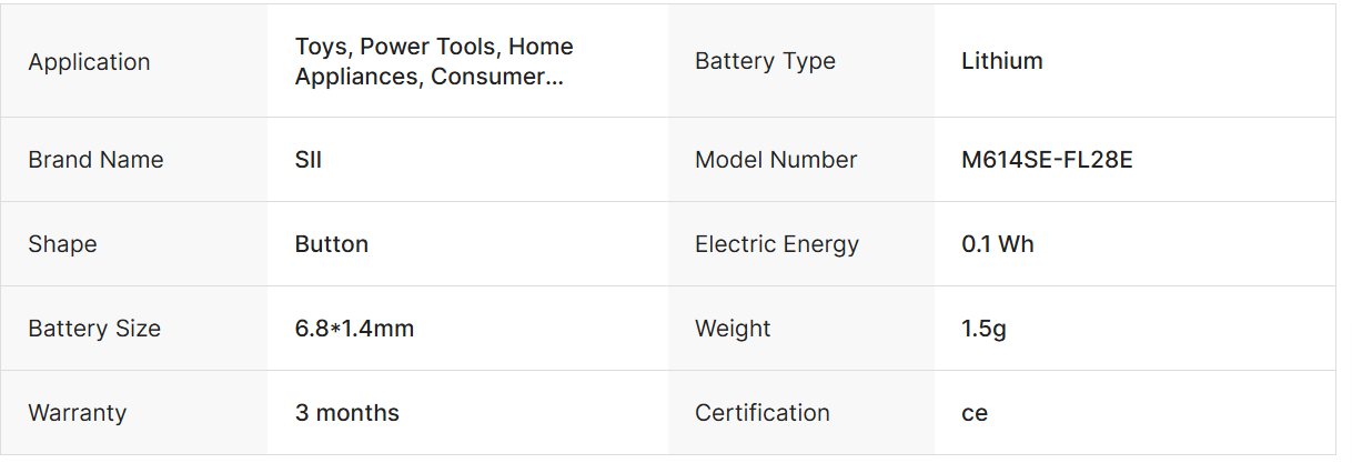 M614SE-FL28E 3V Lithium Rechargeable Button Cell Battery for Home Appliances Toys Remote Control Consumer Electronics ML614