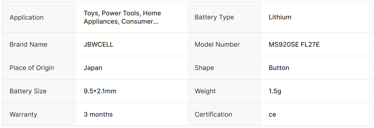MS920SE FL27E 3V Lithium Rechargeable Button Cell Battery CE Certified for Toys Remote Controls Home Appliances Power Tools