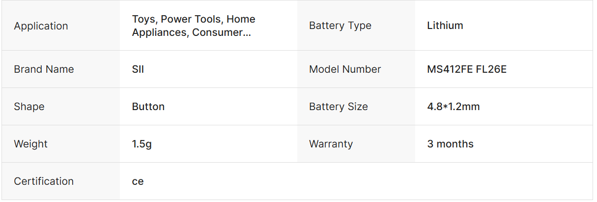 MS412FE FL26E 3V Lithium Rechargeable Button Cell Battery for Home Appliances Toys Remote Control Consumer Electronics ML412
