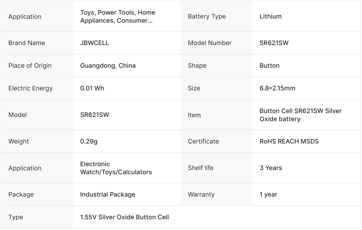 JBWCELL SR621SW 1.55V 364 Silver Oxide Lithium Button Cell Battery 6.8x2.15mm Watches Home Appliances Toys Consumer Electronics