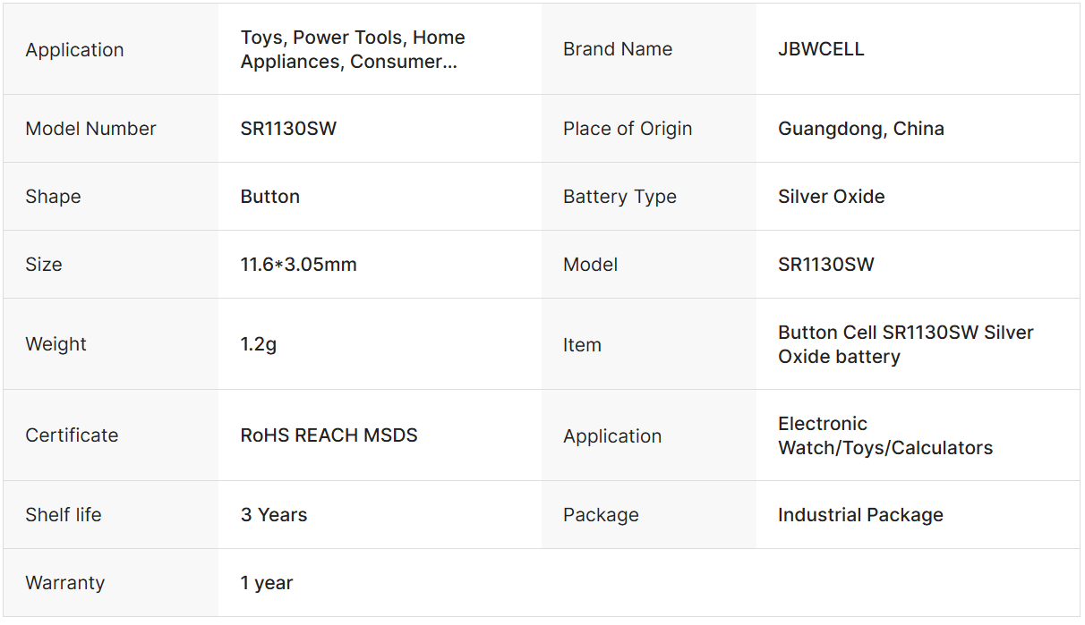 1.55V SR1130SW 390 Silver Oxide Button Cell Battery for Watches