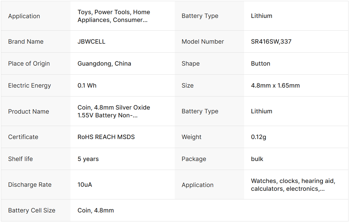 SR416SW 4.8MM Silver Oxide 1.55V 337 Lithium Battery Non-Rechargeable Primary Battery for Toys Home Consumer Electronics