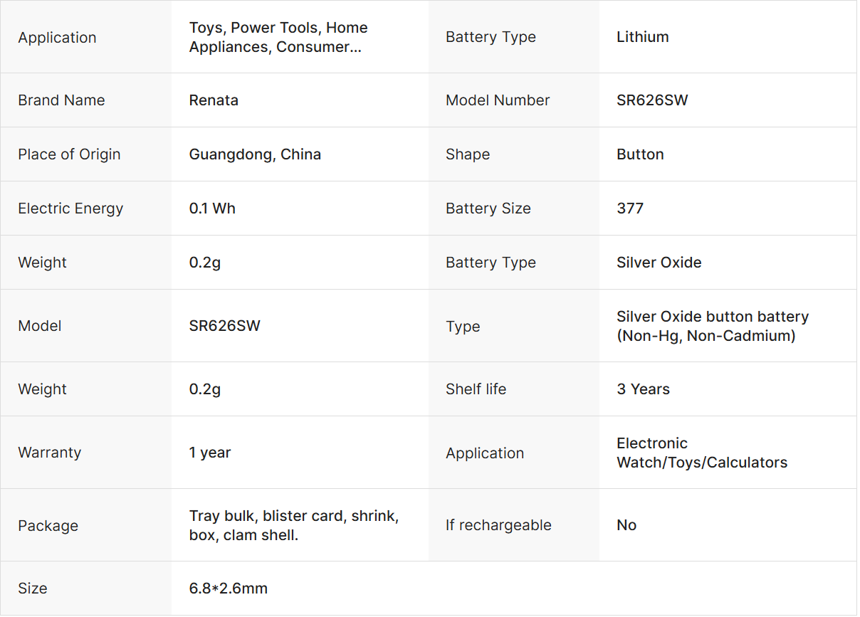 Renata Barnd1.55V SR626SW 377 Silver Oxide Lithium Button Cell Battery for Watches for Home Appliances Toys Consumer Electronics