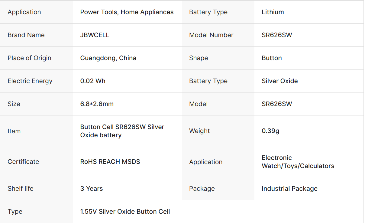 Silver Oxide Lithium Watch Battery SR626SW 377 1.55V for Home Appliances & Power Tools