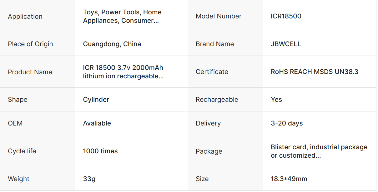 ICR 18500 3.7v 2000mAh Lithium Ion Rechargeable Battery