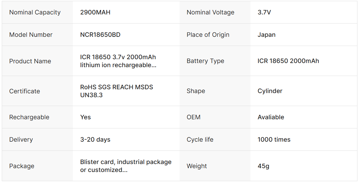 NCR18650BD 3.7v 3200mAh Rechargeable Battery Dynamic Type