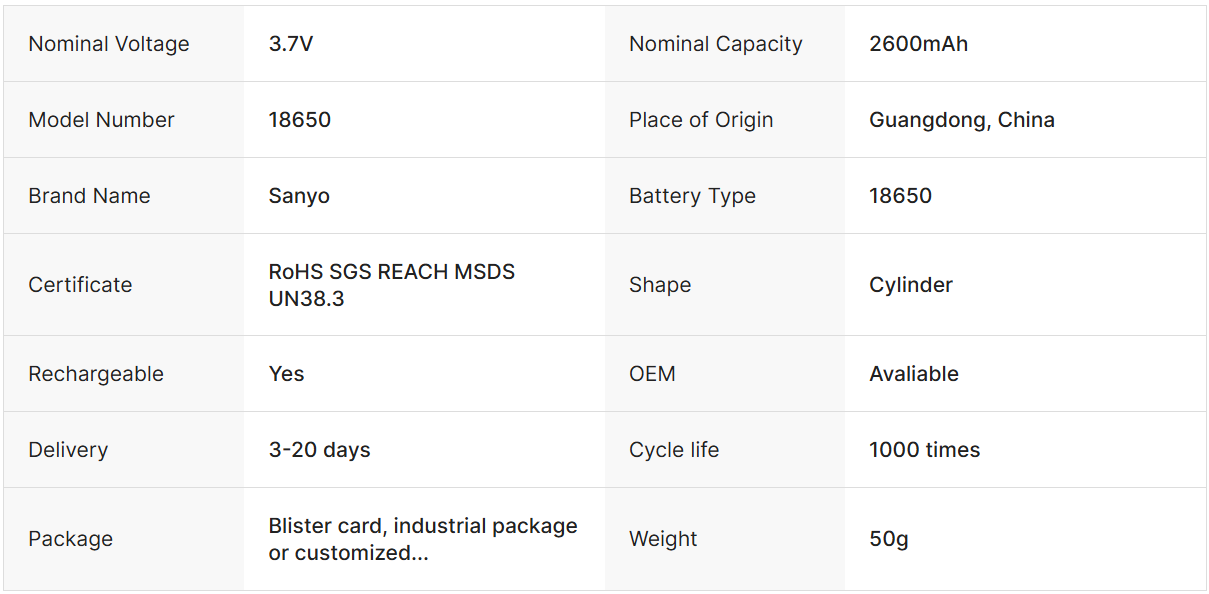 Original Sanyo 18650 2600mah UR18650 Lithium Ion 2600mah 3.7v Sanyo UR18650ZY Rechargeable Battery

