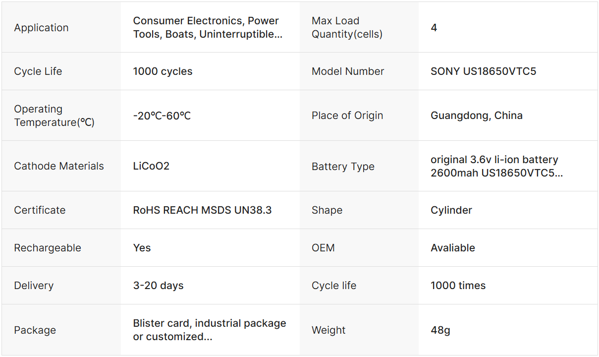 High Quality Original 3.6v Li-ion Battery 2600mah US18650VTC5 Rechargeable Battery
