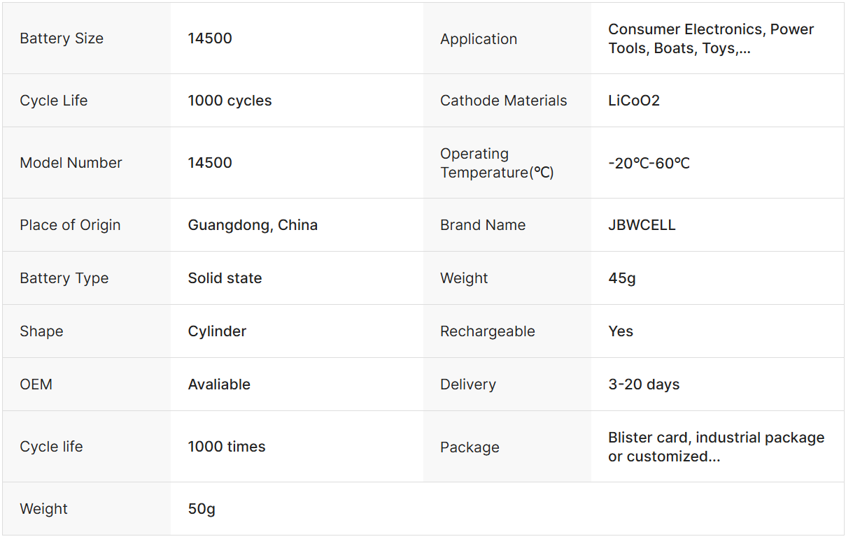 JBWCELL ICR14500 800 MAH 1000 Mah Rechargeable Cylindrical Solid State Battery with 1000 Cycles
