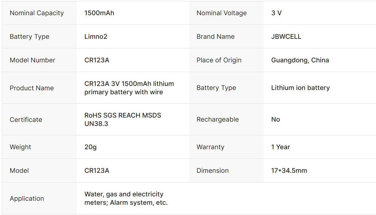 CR123A 3V 1500mAh Lithium Primary Battery with Wire
