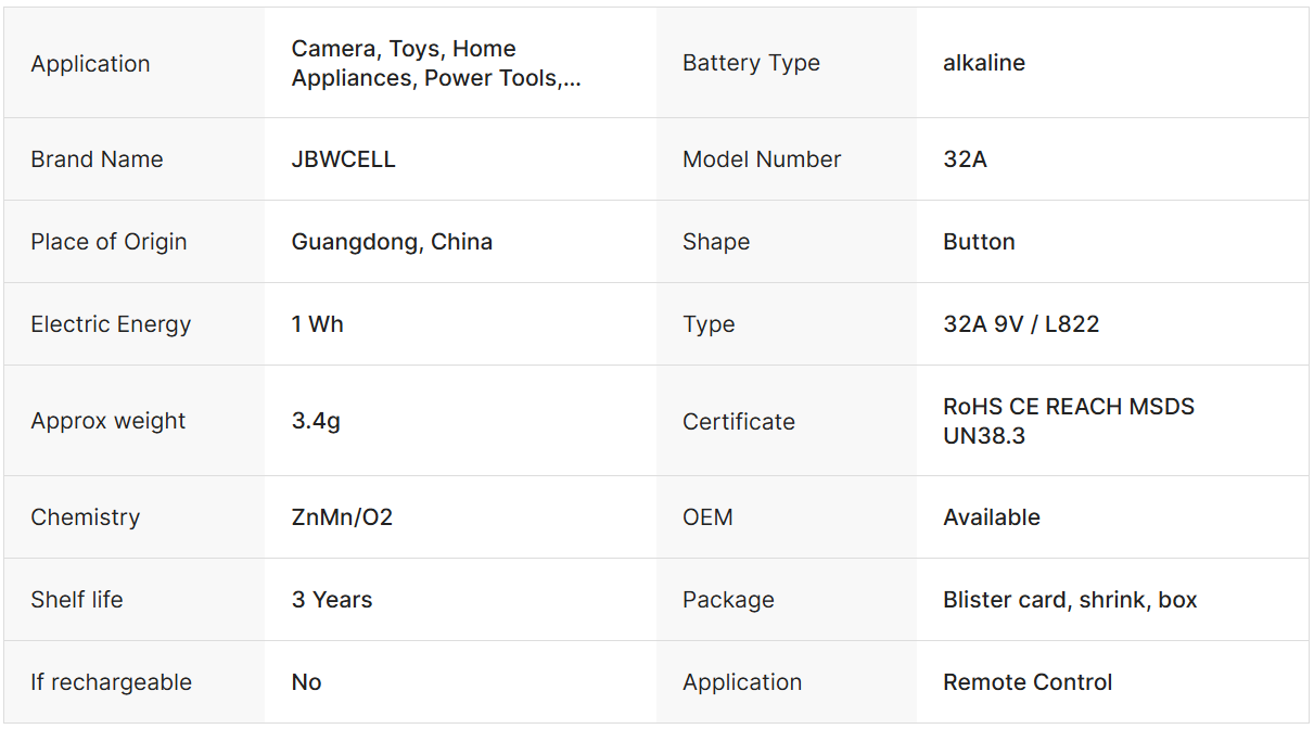 High Quality 32A 9V Alkaline Battery
