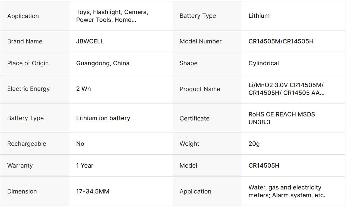 Li/MnO2 3.0V CR14505M/ CR14505H/ CR14505 AA Primary Lithium Battery
