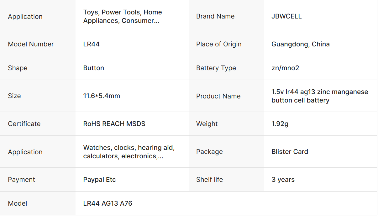 1.5v Lr44 AG13 Zinc Manganese Button Cell Battery A76
