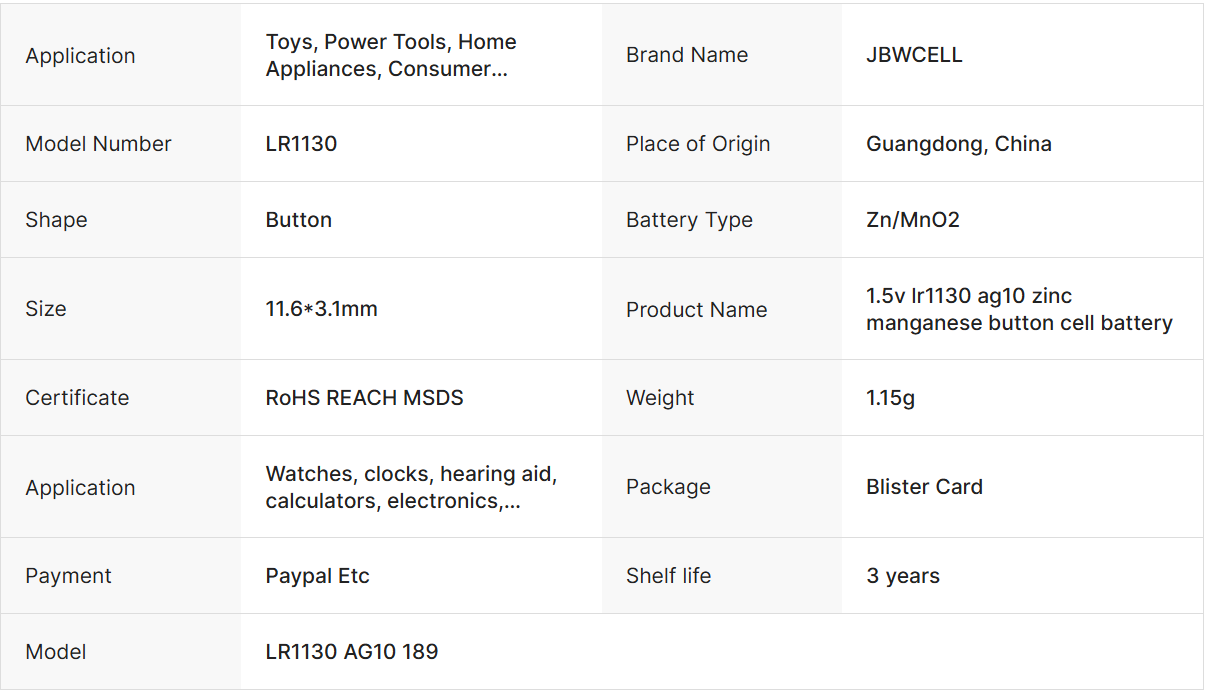 1.5v Lr1130 Ag10 Zinc Manganese Button Cell Battery
