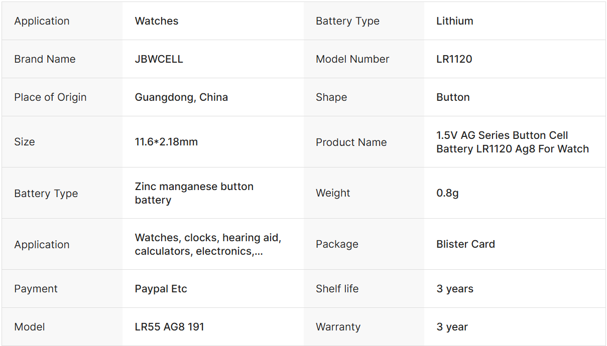 1.5V Lithium AG Series Button Cell Battery LR1120 Ag8 for Watches Clocks Hearing Aid Calculators Electronics Games Cameras
