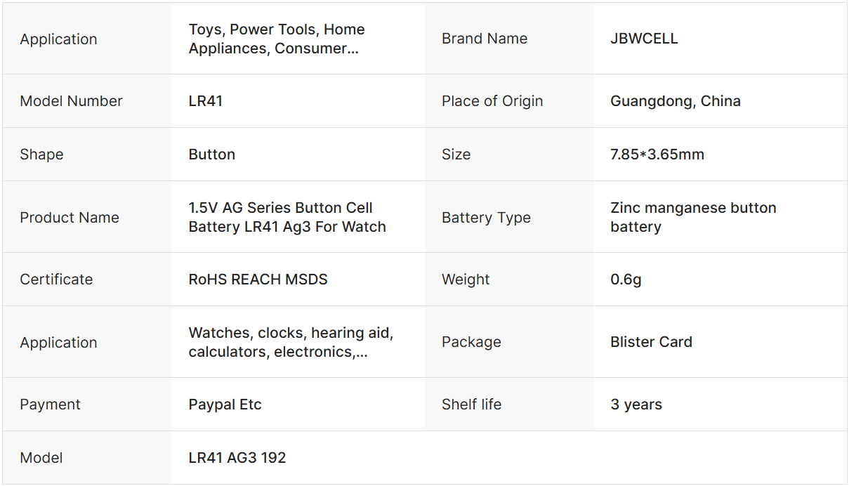 1.5V AG Series Button Cell Battery LR41 Ag3 for Thermometer
