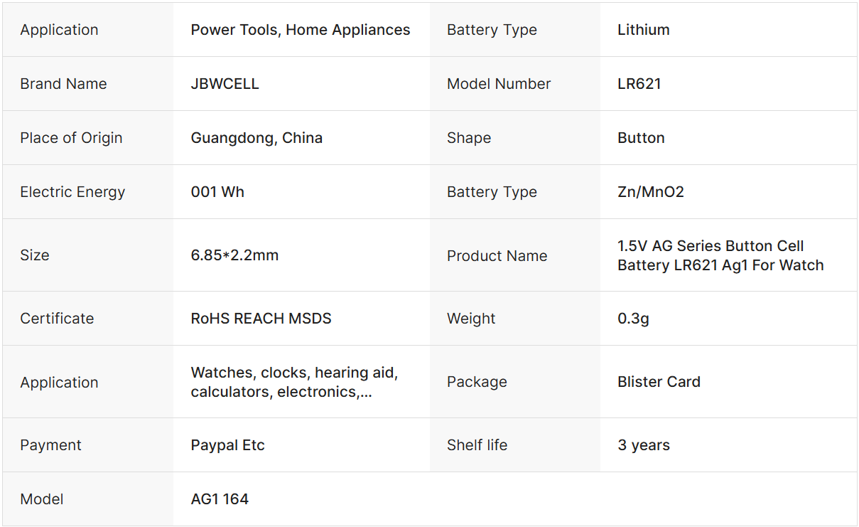 AG Series 1.5V Lithium Button Cell Battery LR621 Ag1 for Home Appliances and Power Tools Watch Use
