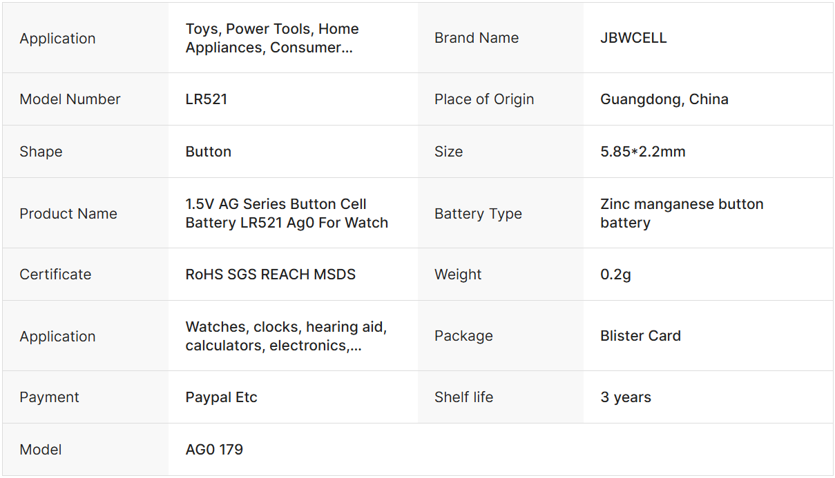 1.5V AG Series Button Cell Battery LR521 Ag0 for Watch