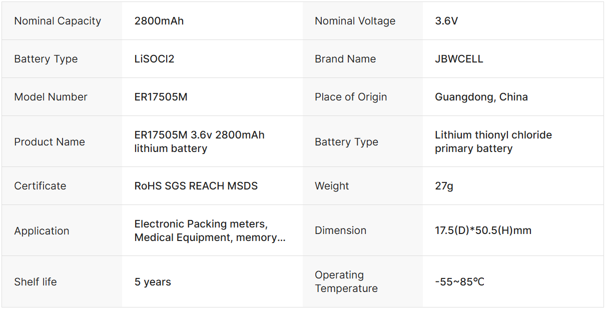 ER17505M 3.6v 2800mAh Lithium Battery
