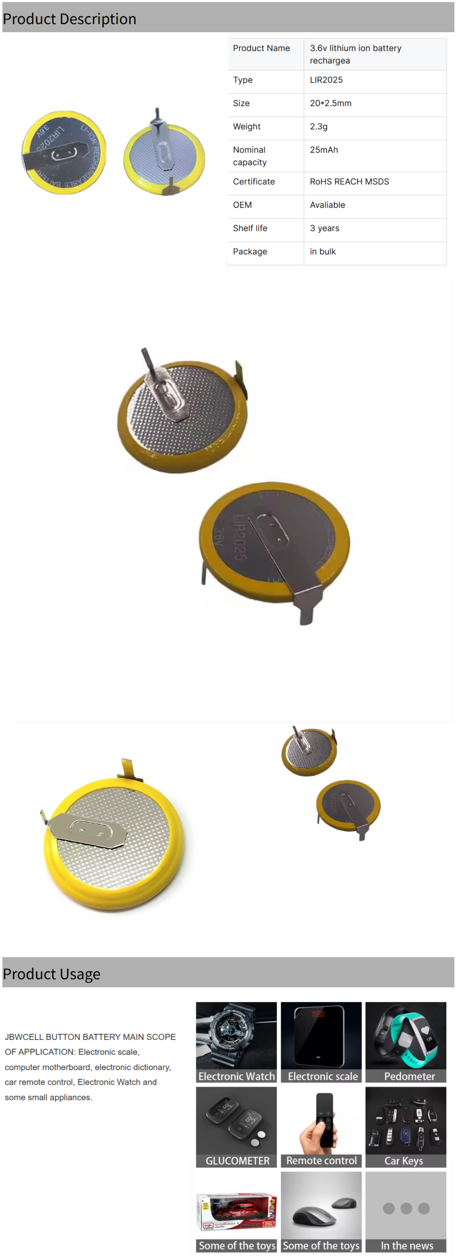 JBWCELL LIR2025 Li-ion 3.6V Button Battery for Car Remote Control Toys ML2020/VL2020 Replacement 90 Degree Feet
