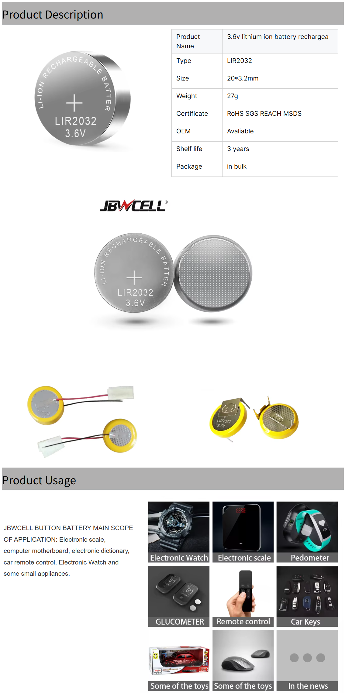 3.6V Rechargeable Coin Cell Lithium Ion Battery Pack LIR2032 LIR2025 LIR2016 Series