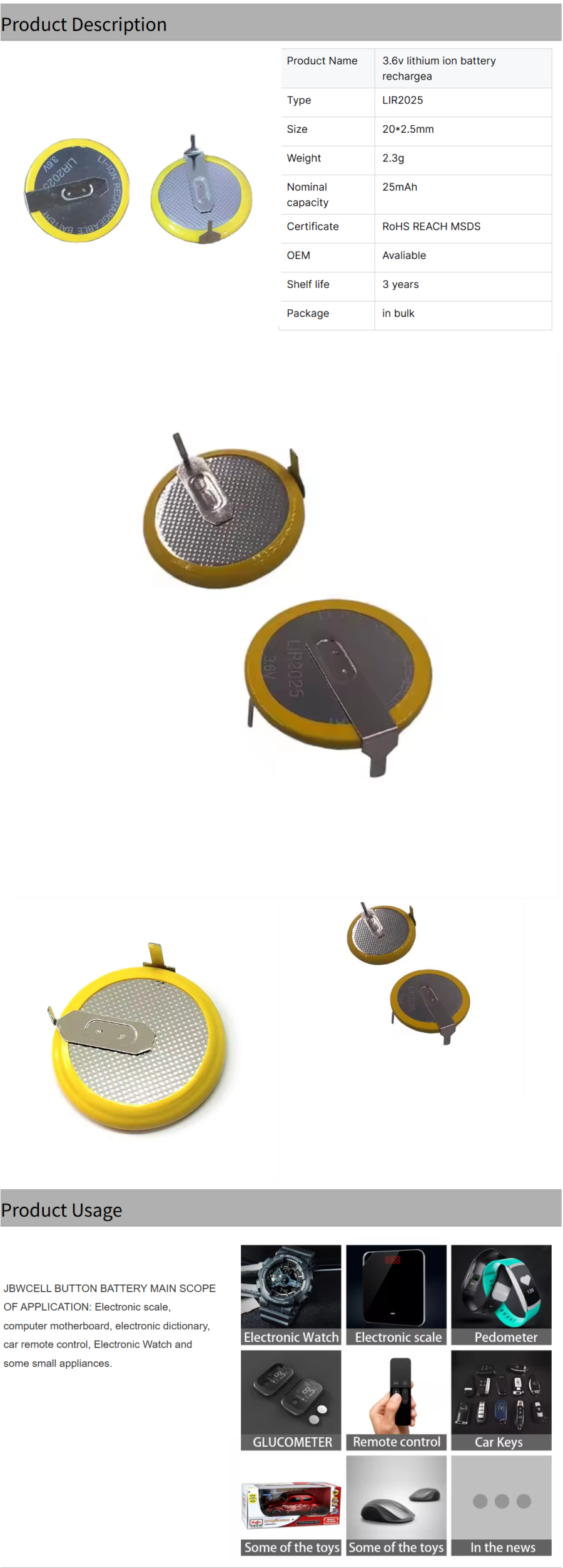 LIR2025 3.6V Rechargeable LI-Ion Button Battery Car Remote Control Key Battery Replacement 90 Degree Feet for ML2020 VL2020 to
