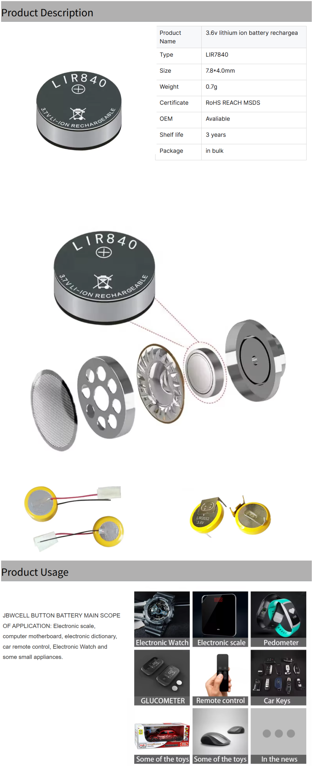 LIR840 LIR7840 Rechargeable Lithium Primary Batteries for Home Appliances Consumer Electronics Power Tools Headset Applications
