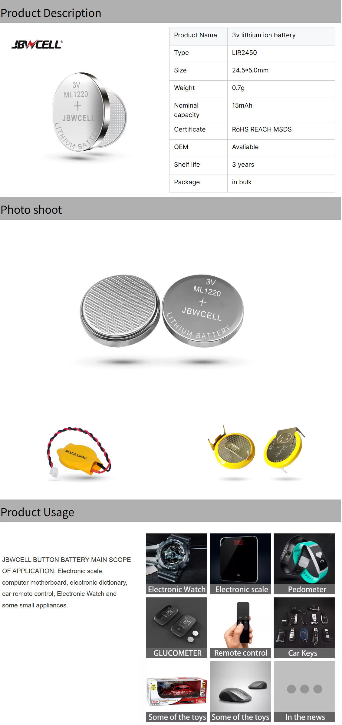 ML1220 Battery Rechargeable for Laptop Motherboard
