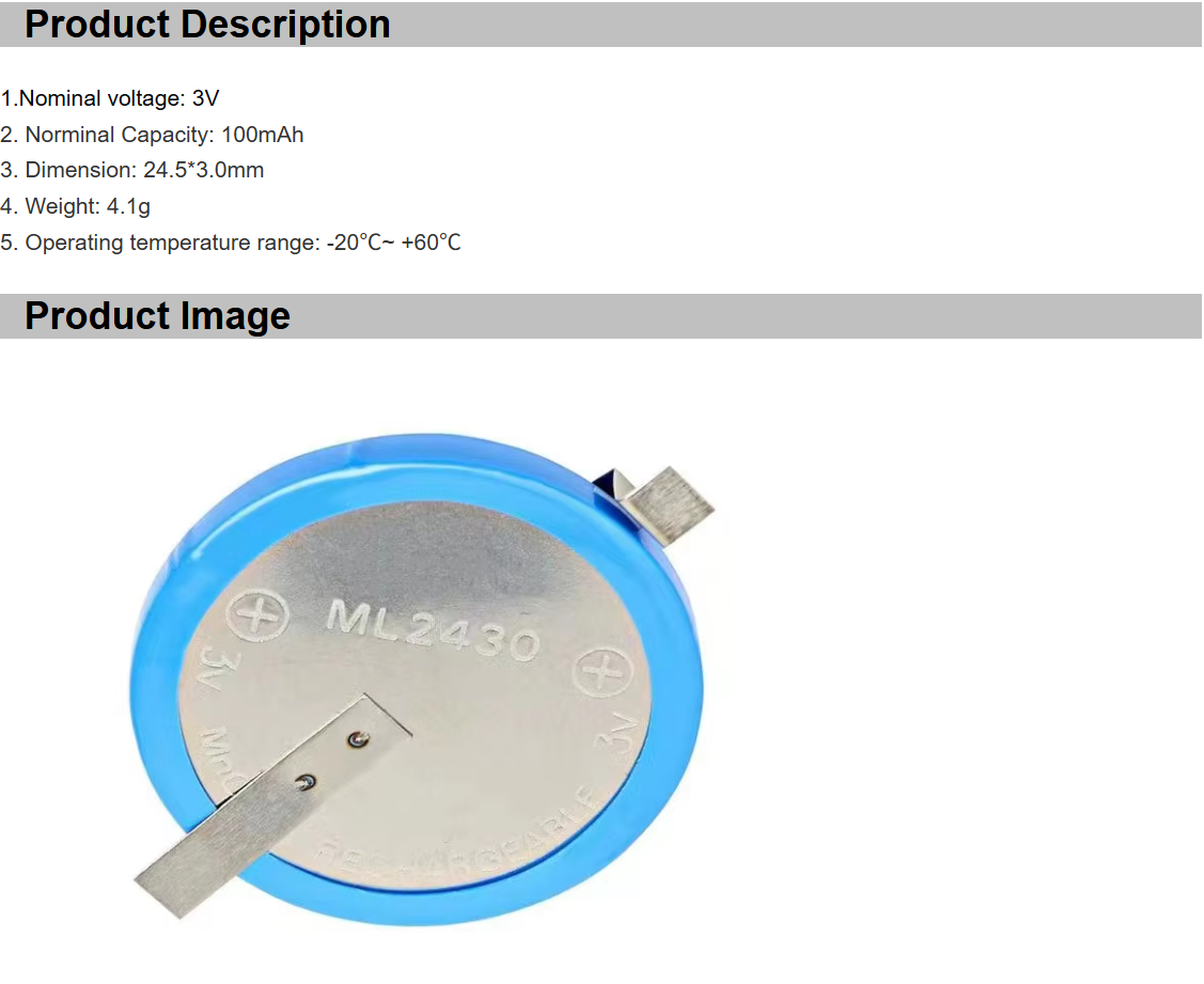 ML2430 ML2430-HJ1 3V Rechargeable Battery ML2430-TT1 Button Cell Battery with Solder Tabs
