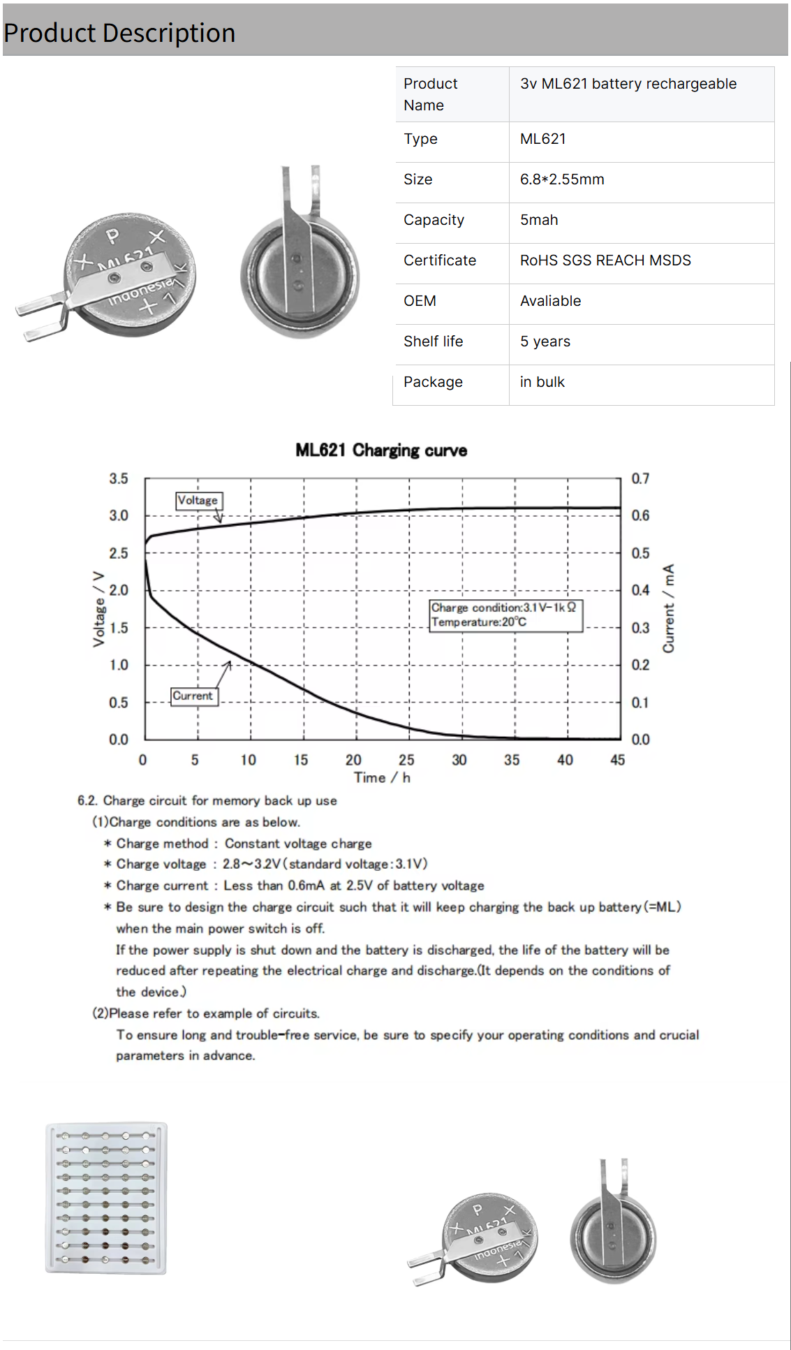 JBWCELL ML-621S/DN MS621FE Rechargeable 3V Lithium Button Cell Battery for for Toys Consumer Electronics Home