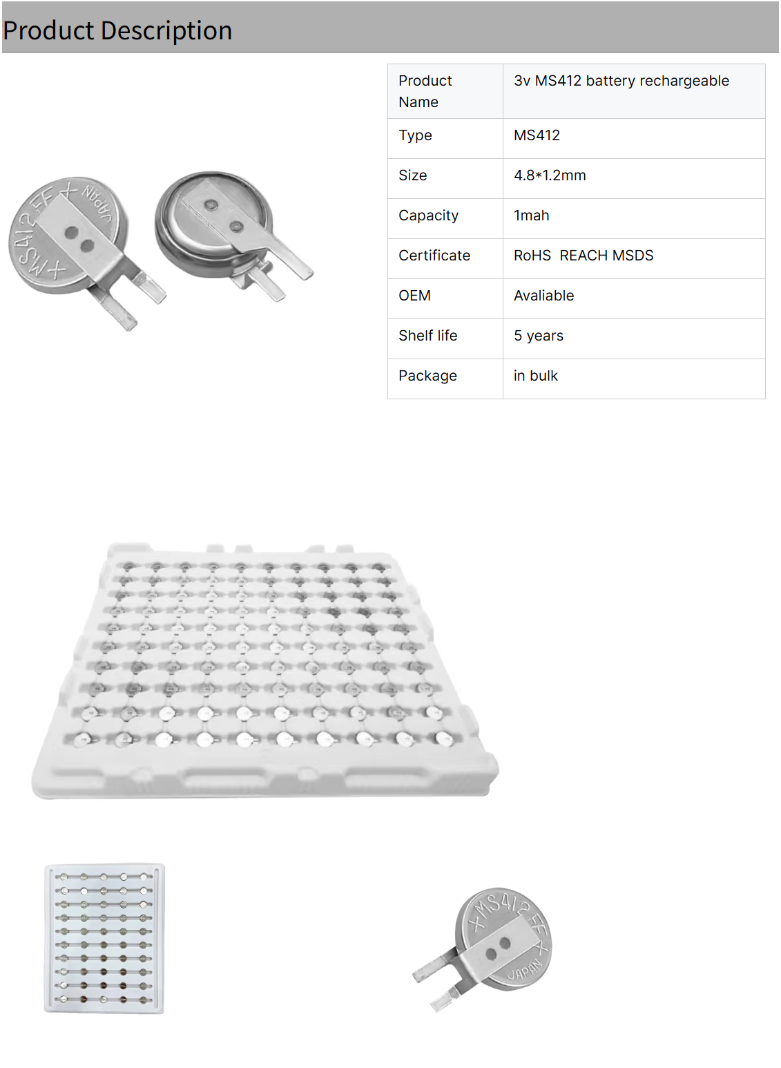 MS412FE FL26E 3V Lithium Rechargeable Button Cell Battery for Home Appliances Toys Remote Control Consumer Electronics ML412
