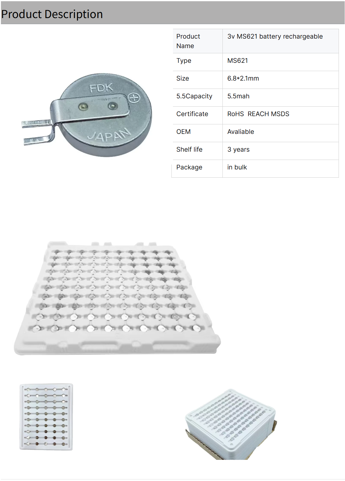 FDK ML621-TZ1 3V Lithium Rechargeable Button Cell Battery for Home Appliances Power Tools Remote Control Consumer Electronics
