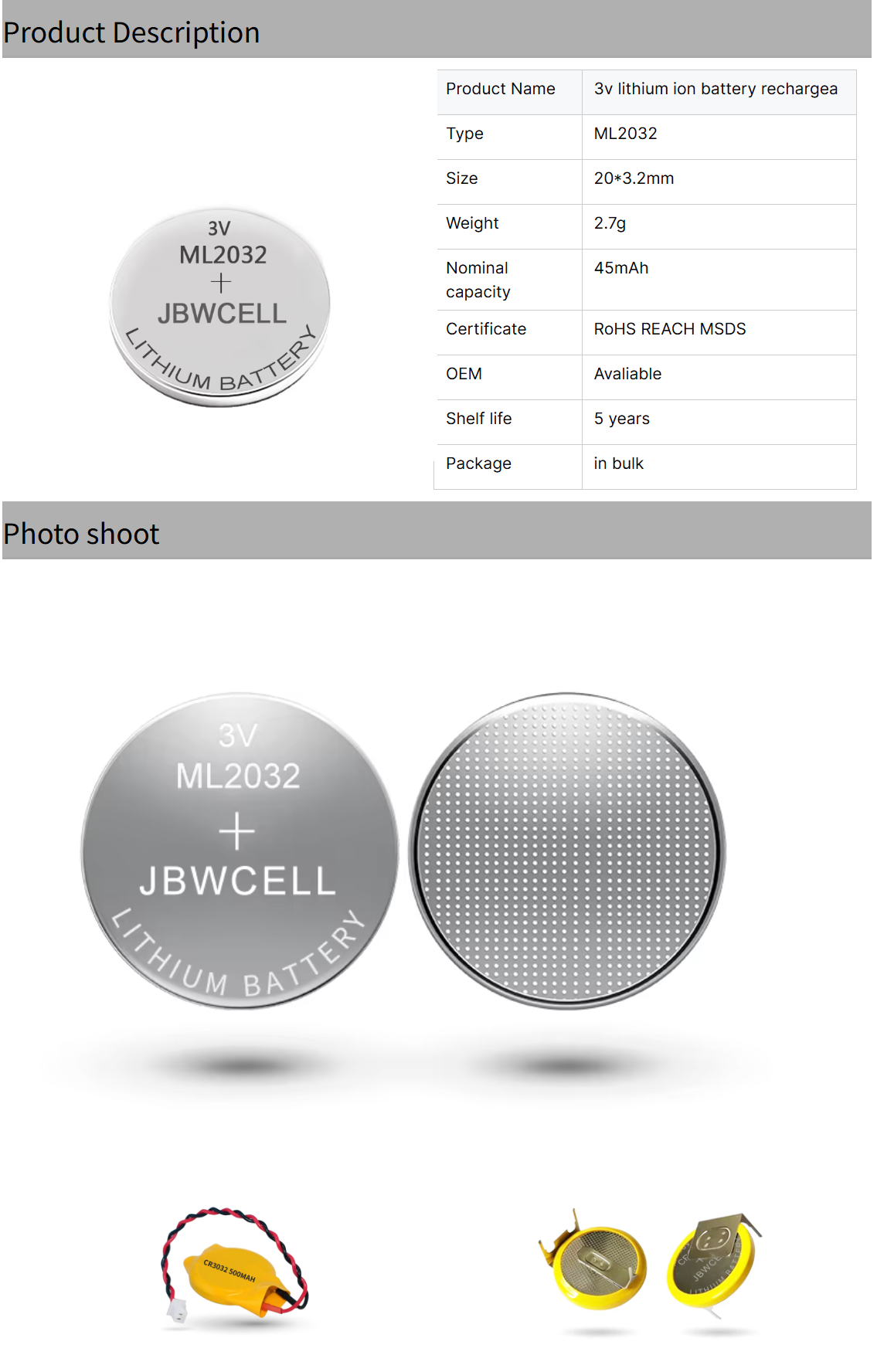 ML2032 ML2025 ML1220 ML2430 3V Rechargeable Lithium Coin Cell Battery for Home Appliances & Consumer Electronics