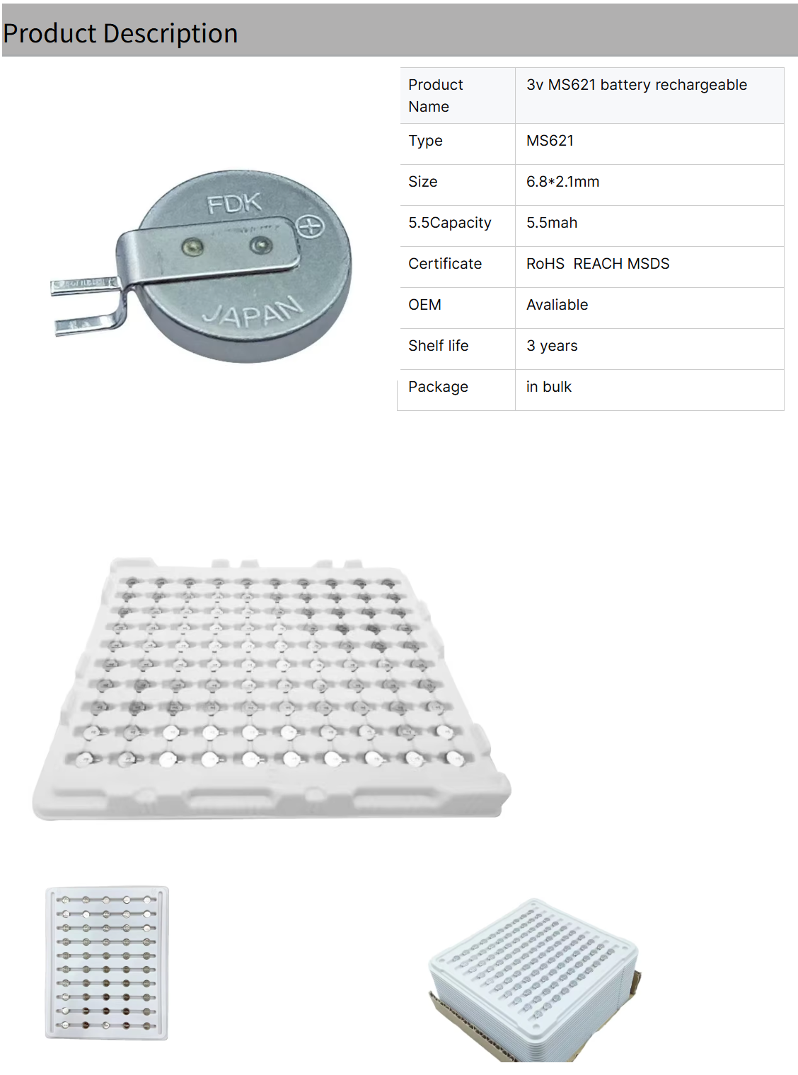 FDK ML621-TZ1 3V Rechargeable Lithium Button Cell for Home Appliances Toys Remote Control Consumer Electronics-FDK MS621FE-FL11E
