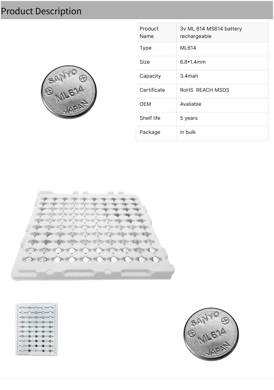 ML614 SANYO 3V Lithium Rechargeable Button Cell Battery for Home Appliances Toys Remote Control Consumer Electronics ML614
