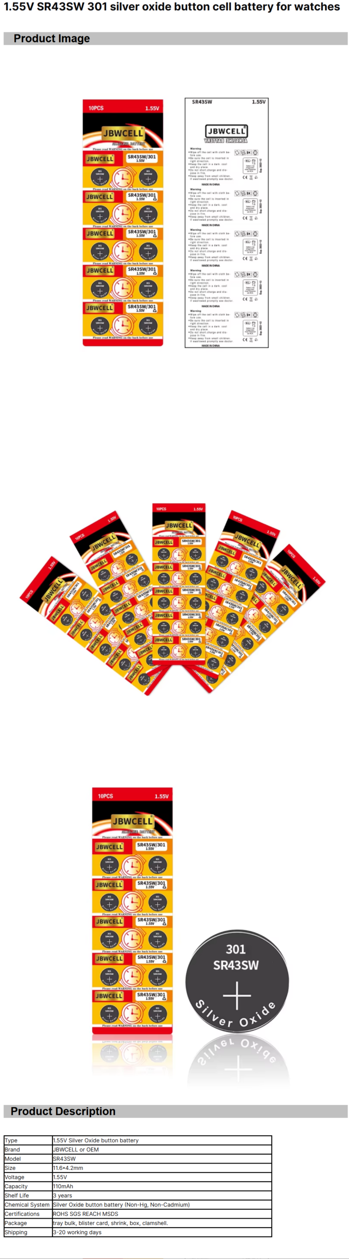 1.55V SR43SW 301 Silver Oxide Button Cell Battery for Watches